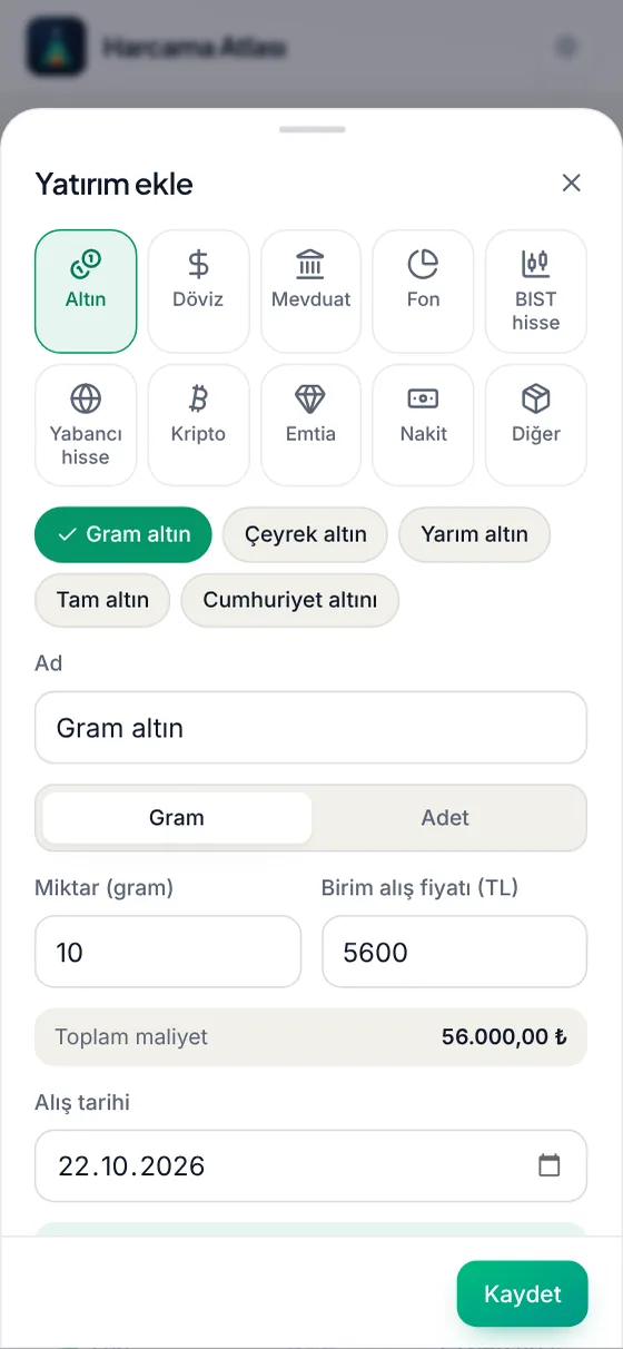 Yatırım ekleme ekranı